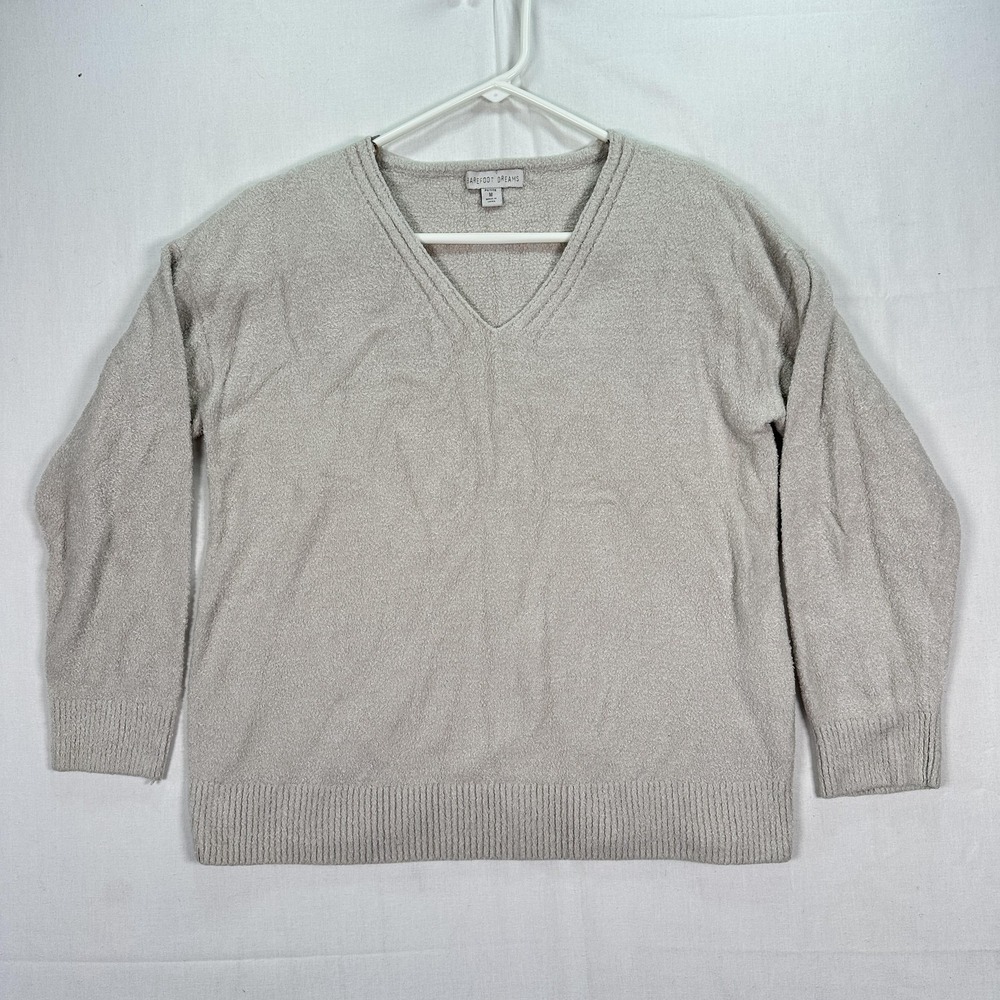 Barefoot Dreams Sweater Womens Petite Medium Beige V Neck CozyChic Lite Pullover